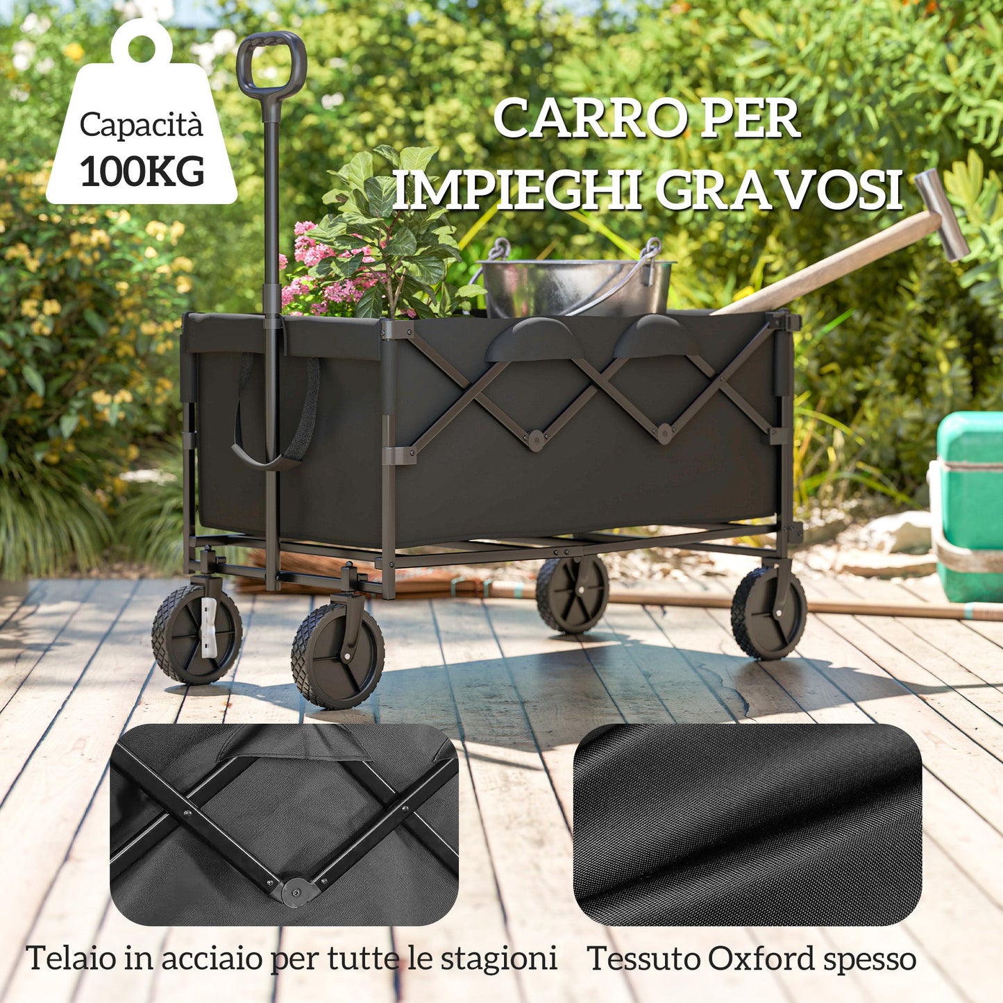 Garden Trolley 160L Foldable with Adjustable Handle, Capacity 100 kg, 95x55x102 cm, Black