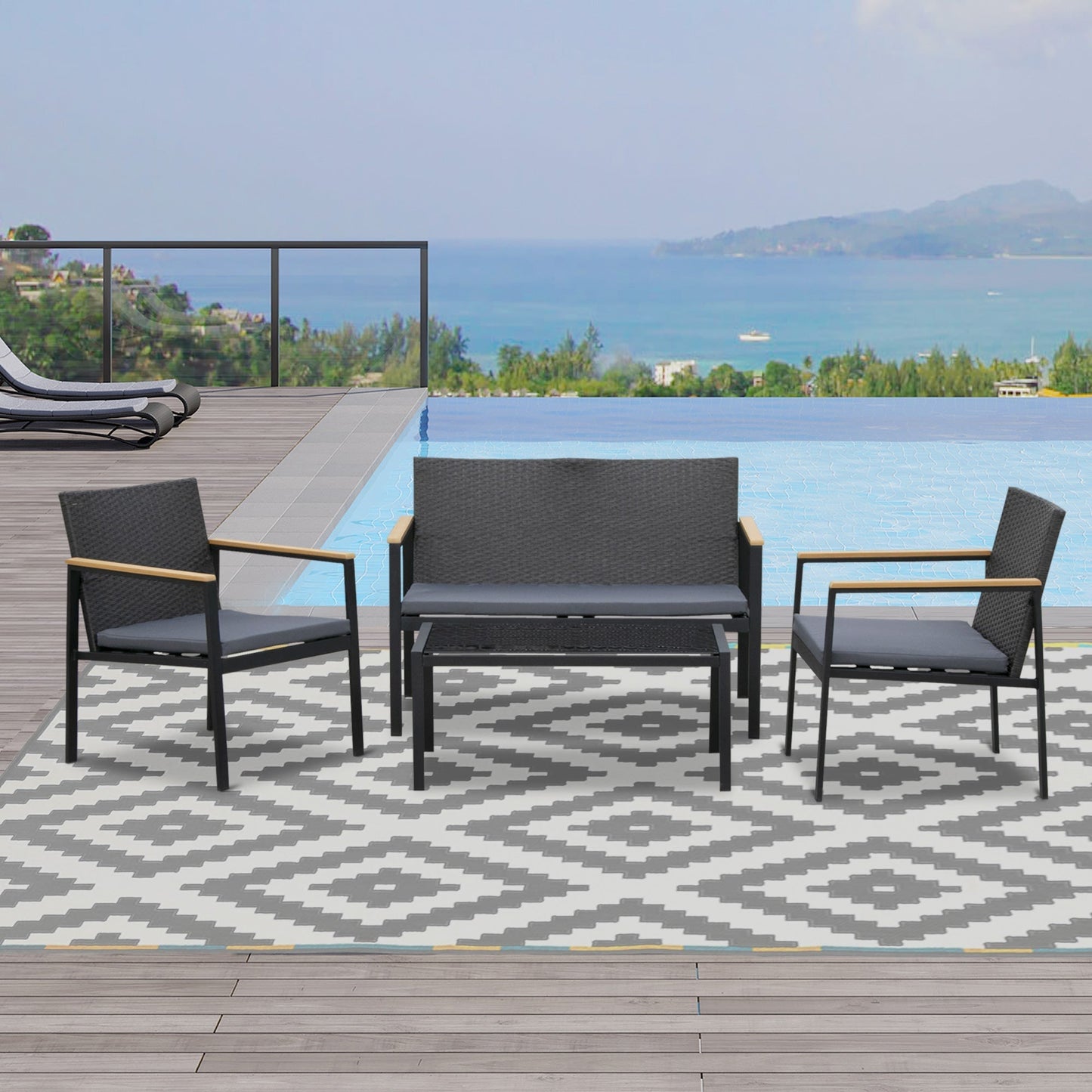 4-Piece Outdoor Lounge Set with 2 Chairs, Sofa and Coffee Table, Garden Furniture in Rattan and Black Steel