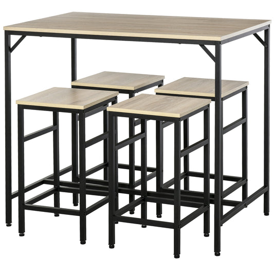Industrial Style High Table Set with 4 Stools in Metal and Wood, Light Oak