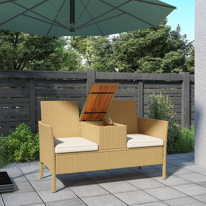 Garden Bench with Drop-Leaf Table Storage, in Rattan and Steel, 134x58x82 cm, Cream and Khaki
