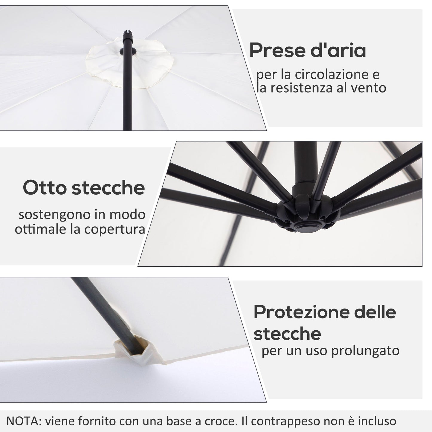 Outdoor Umbrella 3x2.5m with Crank, in Steel and Anti-UV Polyester, Cream