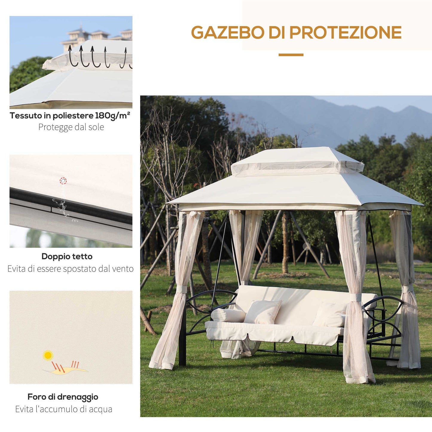 3-Seater Swing and Single Sun Lounger Gazebo Cover with Mosquito Net and Cushions 256x172x248cm Cream