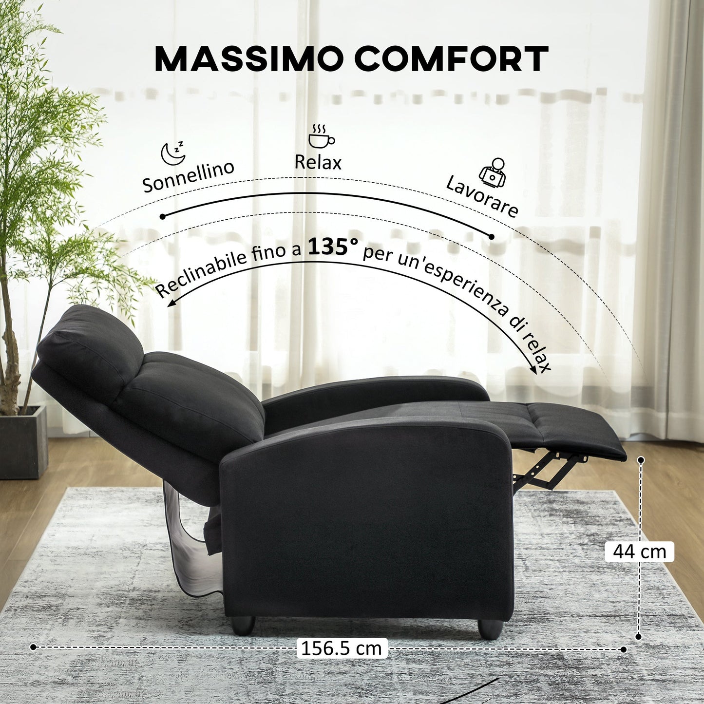 Manually Reclining Relaxing Chair with Footrest and Fabric Upholstery, Black