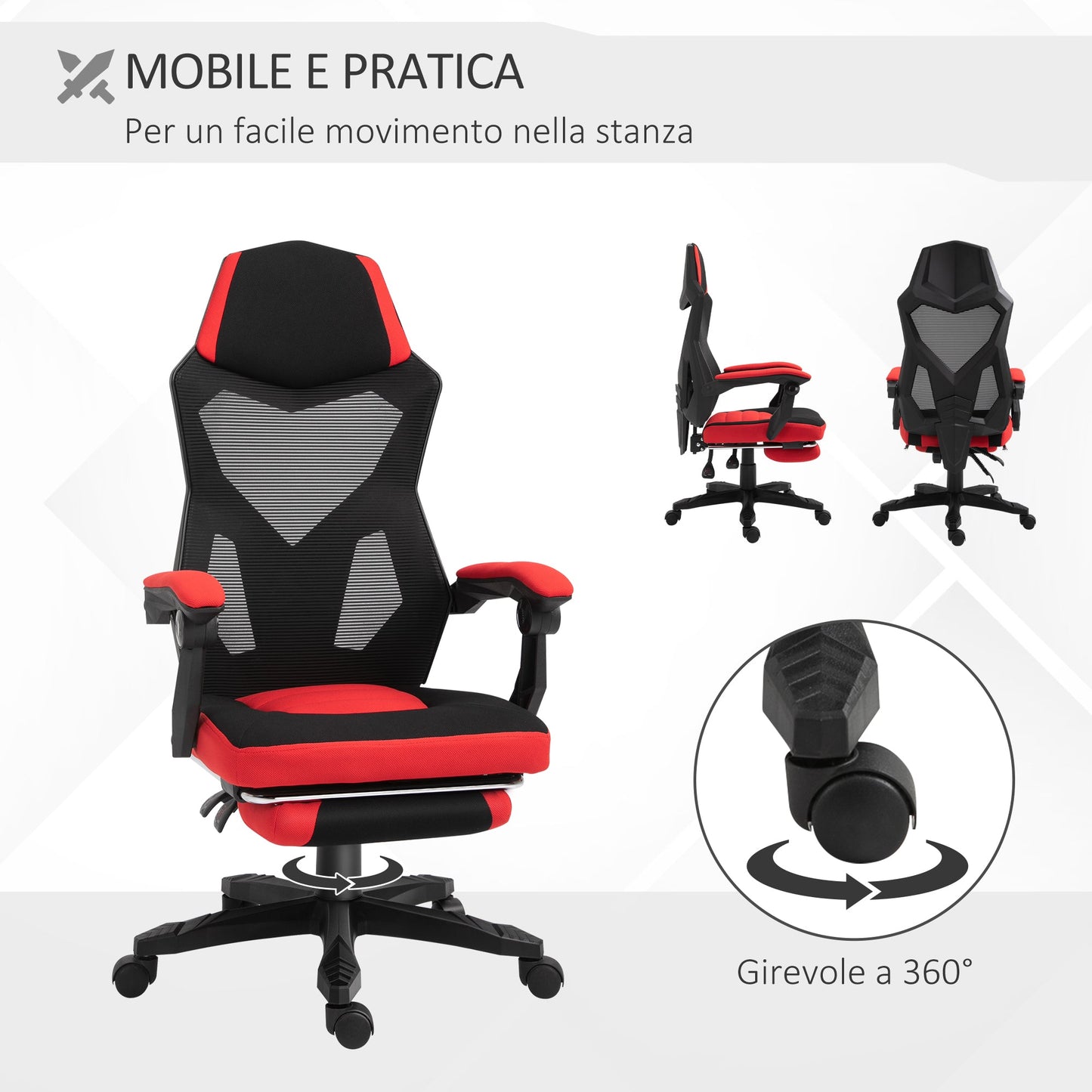 Ergonomic Reclining Office Chair with Footrest, Mesh Fabric, 58x63x112-122 cm, Black and Red