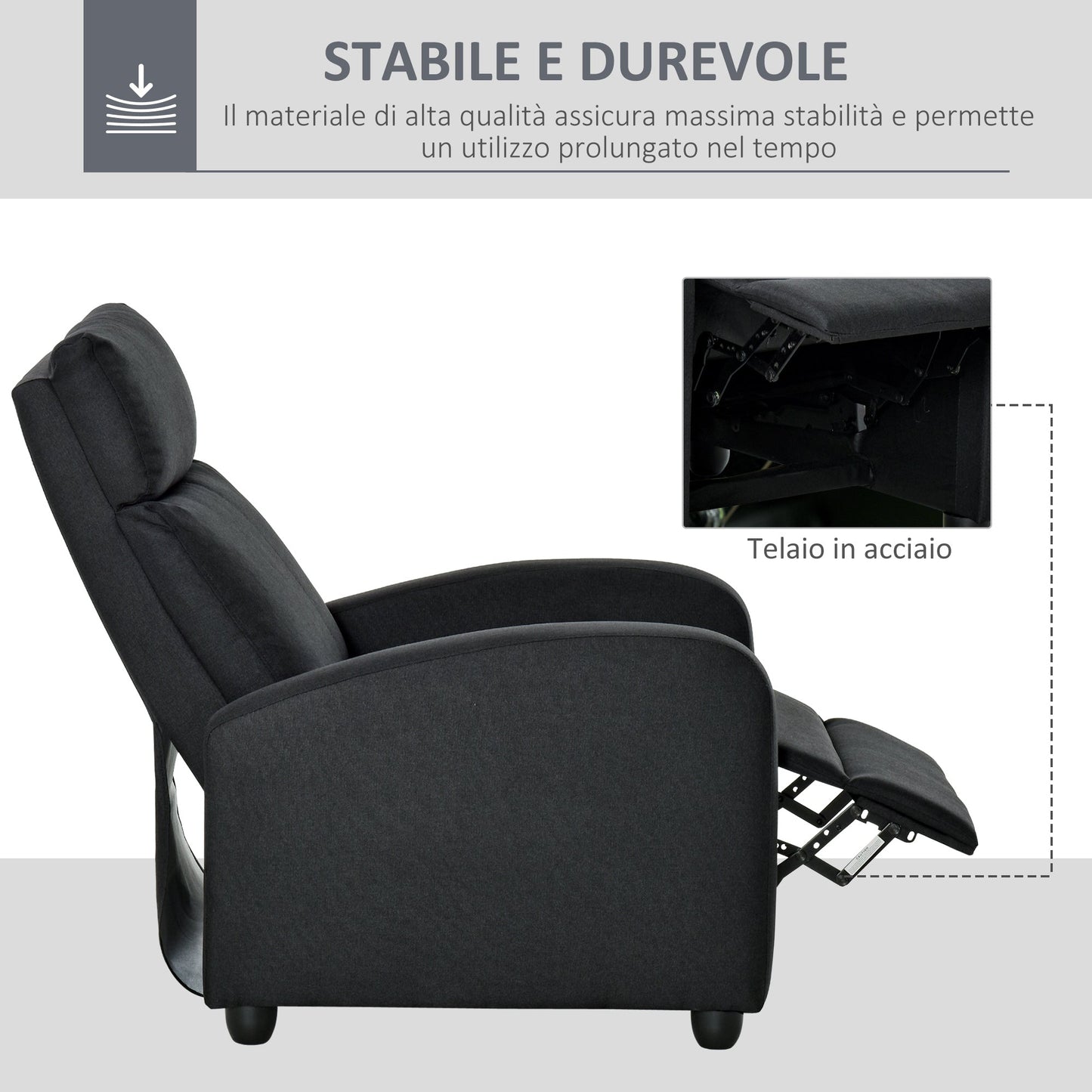 Padded Relax Chair with 135° Reclining Backrest and Removable Footrest, in Black Linen, 69x87x100.5cm