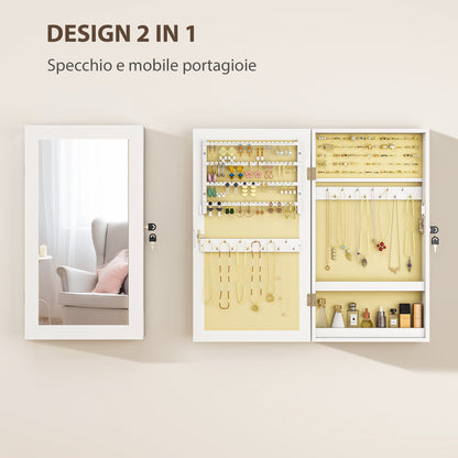 Wall-Mounted Mirrored Jewelry Cabinet with 2 Security Keys, Wooden, 36.5 x 9.5 x 67 cm, White
