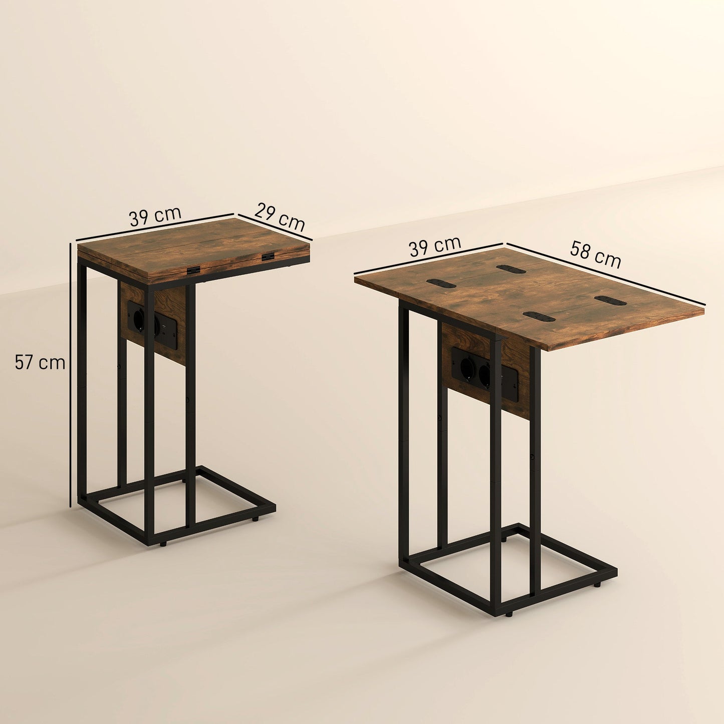 Expandable C-Shaped Coffee Table with 2 Charging Stations, Wood and Metal, 39x29x57 cm, Black and Brown