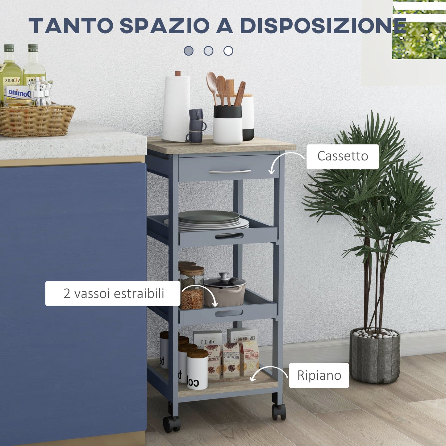 Kitchen Trolley with Drawer, 2 Pull-Out Trays and Fixed Shelf, Pine Wood and MDF, 37x37x76 cm