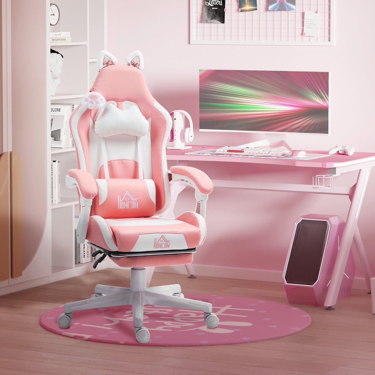 Ergonomic Cat Ear Gaming Chair with Footrest, Lumbar and Neck Support, Pink