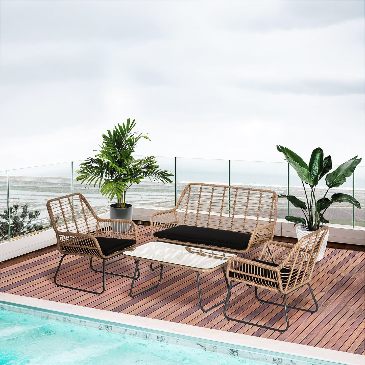 Boho Style PE Rattan Garden Furniture Set with 2 Armchairs, Sofa and Coffee Table