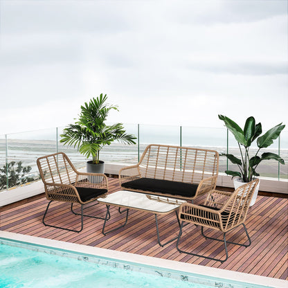Boho Style PE Rattan Garden Furniture Set with 2 Armchairs, Sofa and Coffee Table