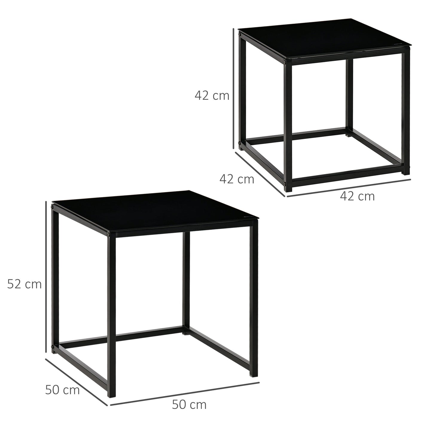 Set of 2 Modern Square Coffee Tables, in Steel and Tempered Glass, Black