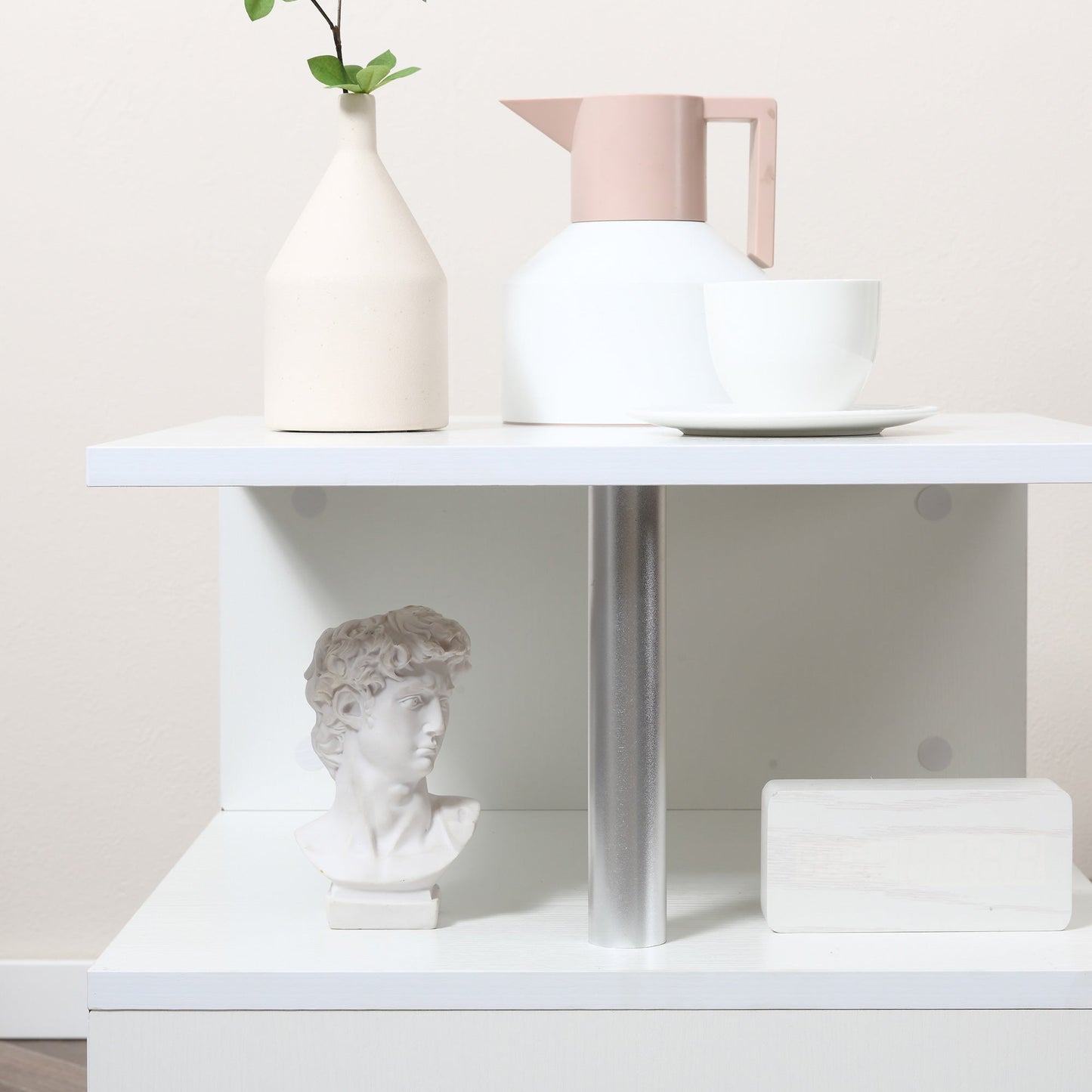 Coffee Table, White Coffee Table, Modern Design, Large Surface, Two Shelves, S-Shaped, Made of Wood and Iron, 50 x 50 x 50cm, White