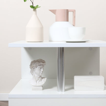 Coffee Table, White Coffee Table, Modern Design, Large Surface, Two Shelves, S-Shaped, Made of Wood and Iron, 50 x 50 x 50cm, White