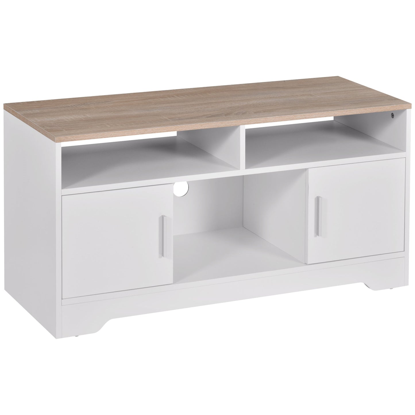 TV Cabinet with 3 Open Compartments, 2 Cabinets and Support Top, TV Stand for up to 50", Chipboard, 105x40x52cm, White and Wood