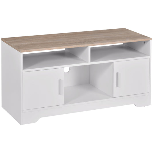 TV Cabinet with 3 Open Compartments, 2 Cabinets and Support Top, TV Stand for up to 50", Chipboard, 105x40x52cm, White and Wood