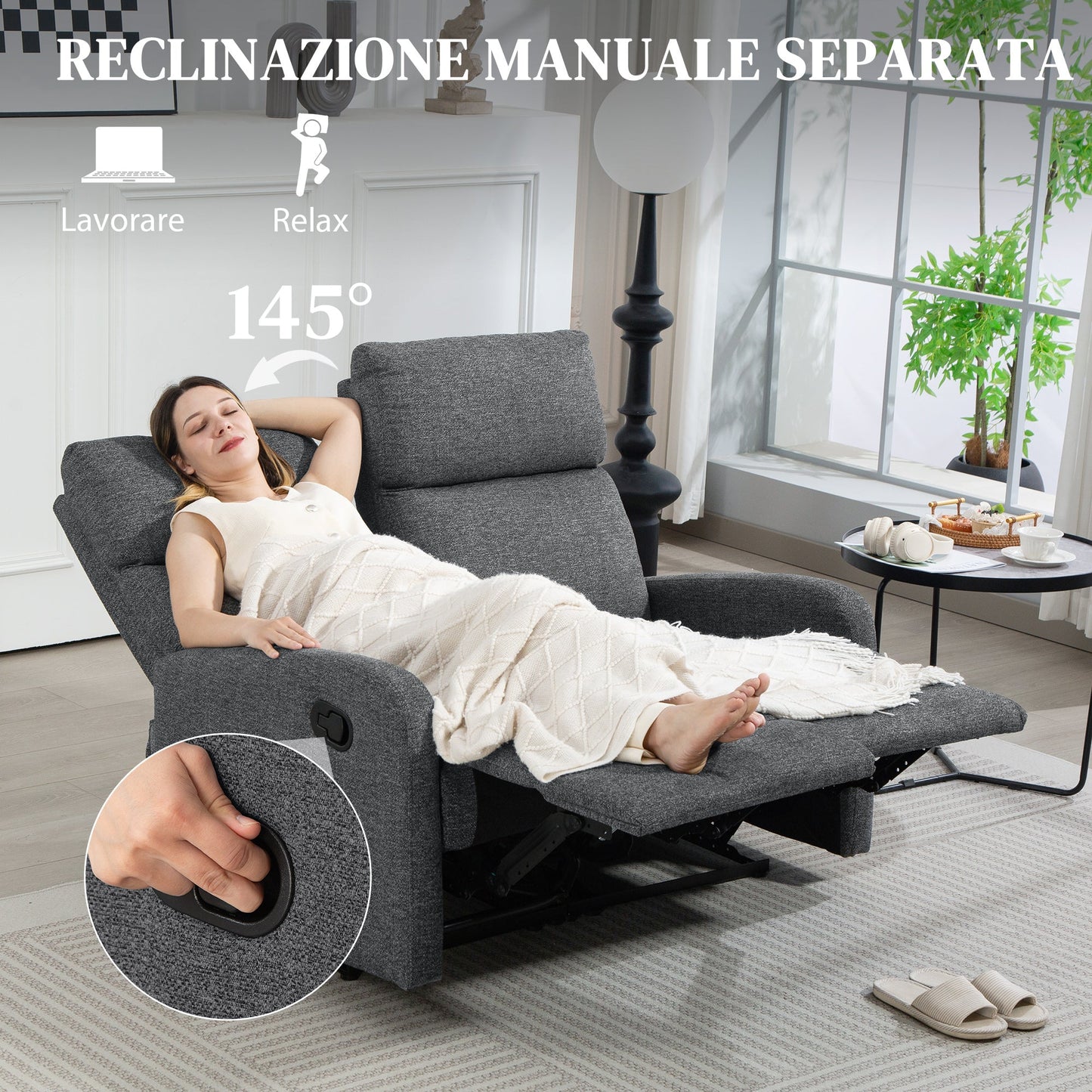 2-Seater Sofa Reclining to 145° Max and Upholstered in Grey Chenille, 124x91x100 cm