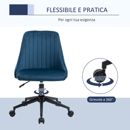 Blue Velvet Office Chair with Adjustable Height, Ergonomic 360° Swivel Chair with Wheels, 50x58x77-87cm