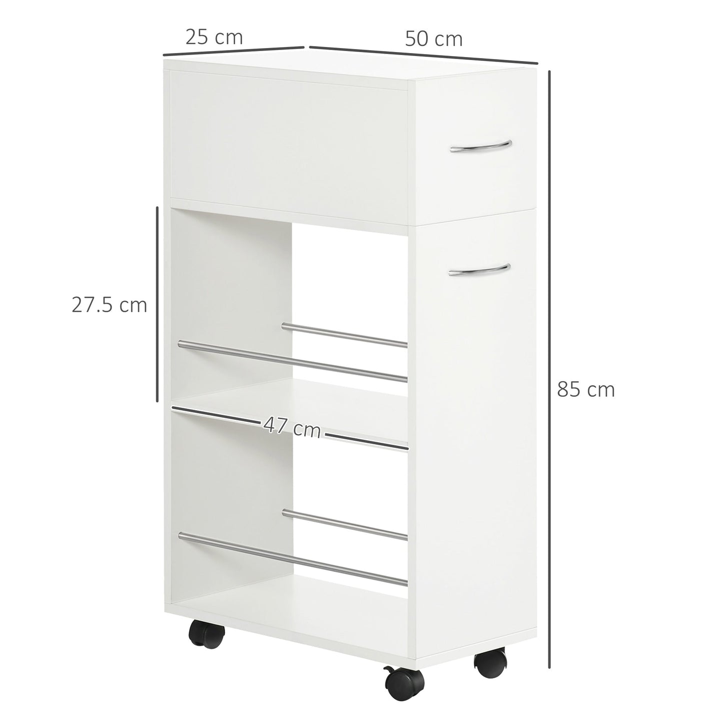 Kitchen Trolley in Chipboard and Stainless Steel with 2 Open Shelves, Pull-Out Drawer and Rails, 25x50x85 cm