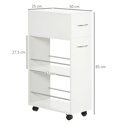 Kitchen Trolley in Chipboard and Stainless Steel with 2 Open Shelves, Pull-Out Drawer and Rails, 25x50x85 cm