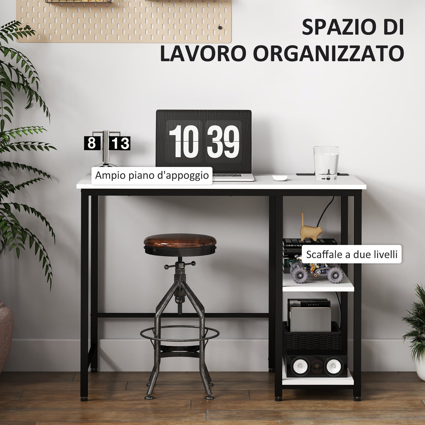 Desk with 2-Tier Bookshelf and Charging Sockets, in Wood and Metal, 100x50x75 cm, White and Black