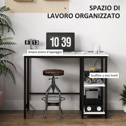 Desk with 2-Tier Bookshelf and Charging Sockets, in Wood and Metal, 100x50x75 cm, White and Black