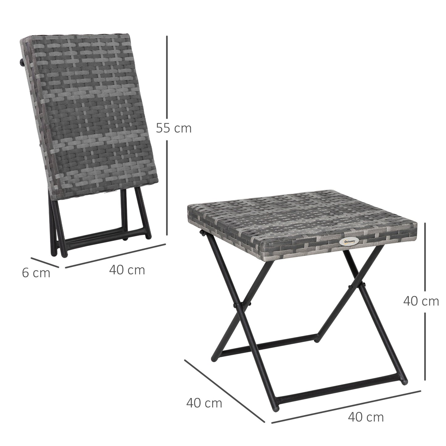 Space-Saving Folding Garden Table in Synthetic Rattan and Steel, 40x40x40cm, Grey