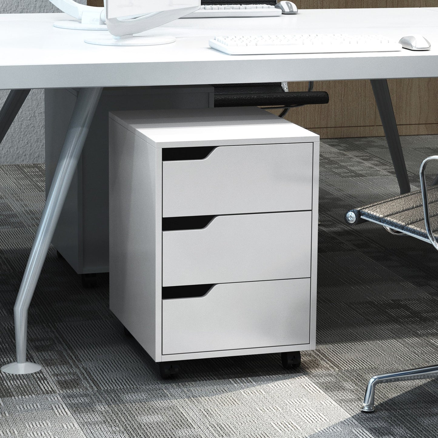 3 Drawer Office Chest with Retractable Handles, Wood and Metal, 40x50x57.5 cm, White