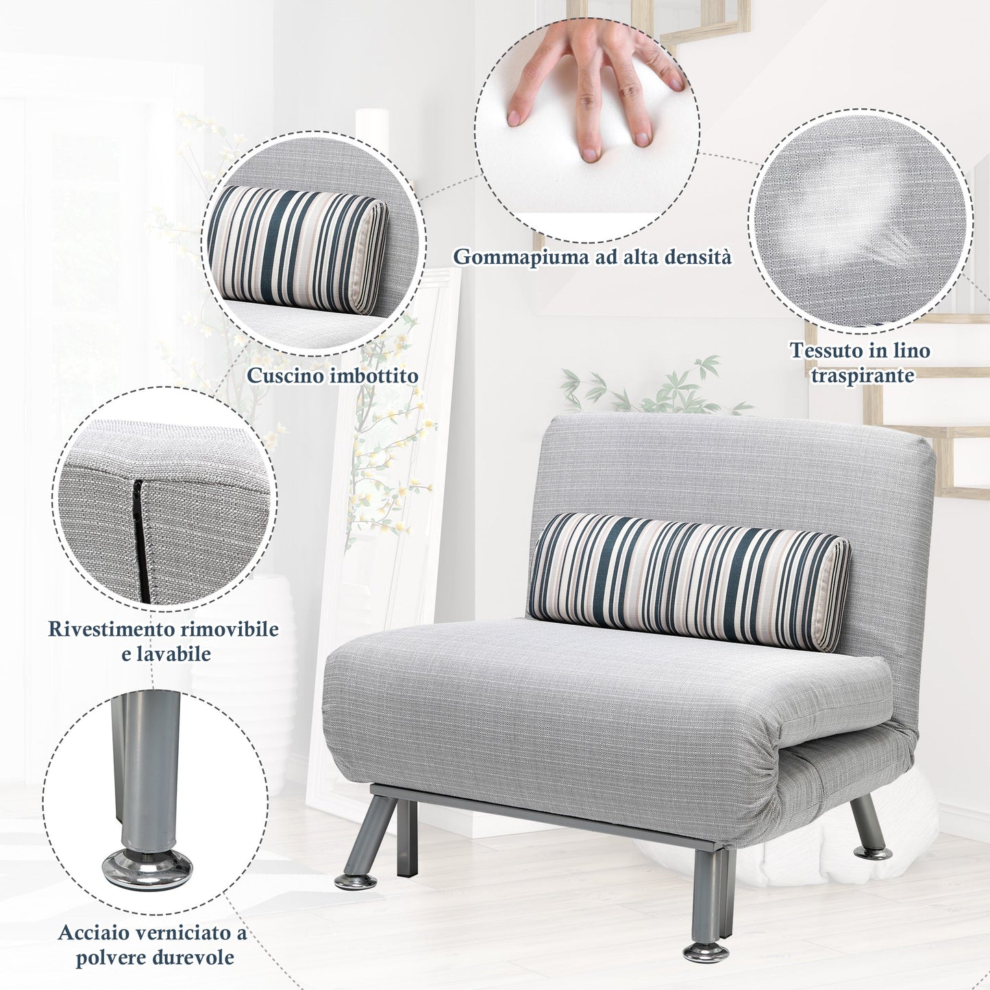 Single Armchair Bed, Armchair with Removable Mattress and Padded Cushion - 90-180° Adjustable Backrest and Metal Frame - 75x70x75 cm, Grey