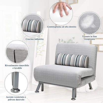 Single Armchair Bed, Armchair with Removable Mattress and Padded Cushion - 90-180° Adjustable Backrest and Metal Frame - 75x70x75 cm, Grey