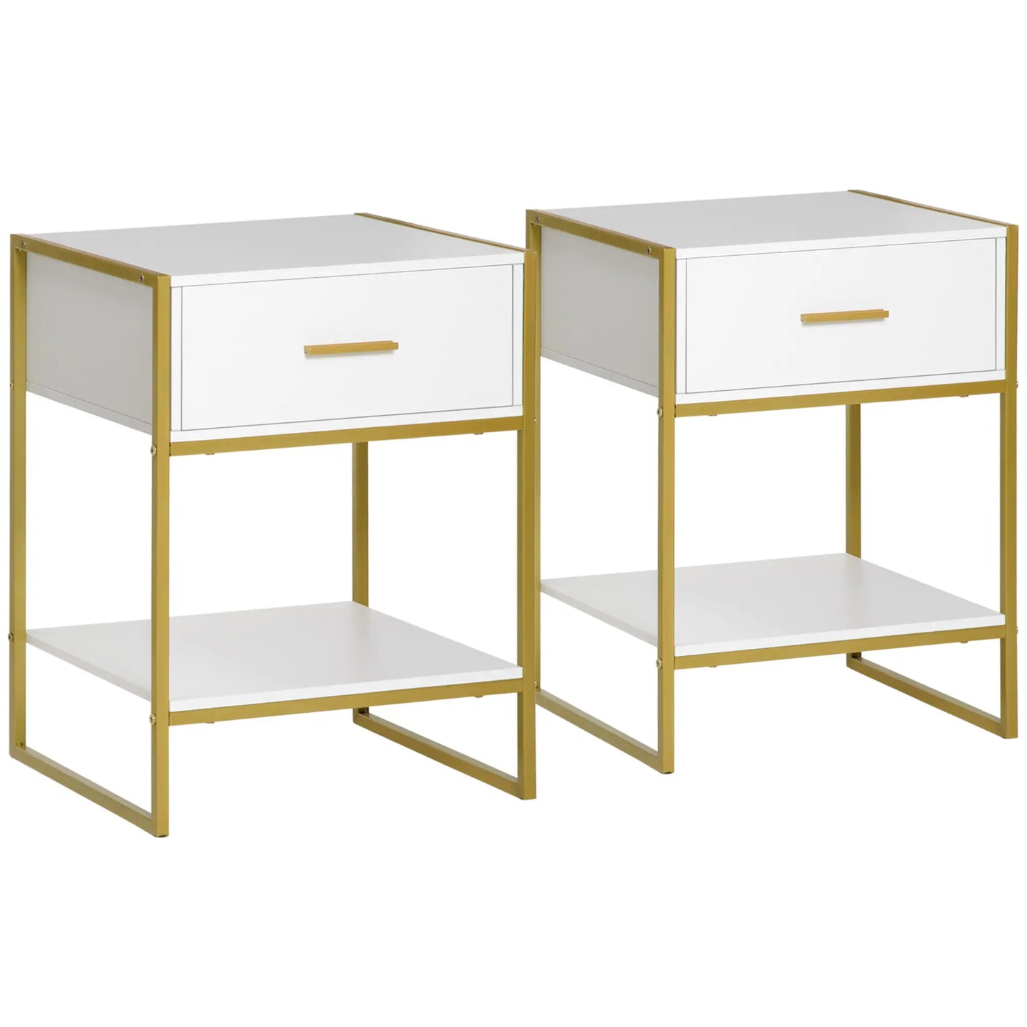 Set of 2 Modern Bedside Tables with Drawer and Open Shelf in MDF and Steel, 45x40x60cm, White and Gold