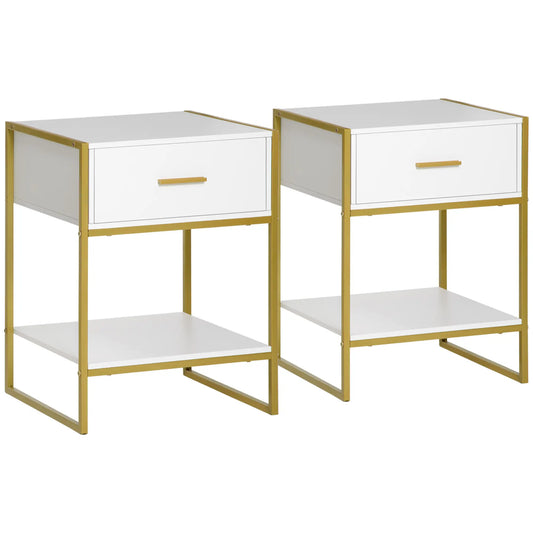 Set of 2 Modern Bedside Tables with Drawer and Open Shelf in MDF and Steel, 45x40x60cm, White and Gold