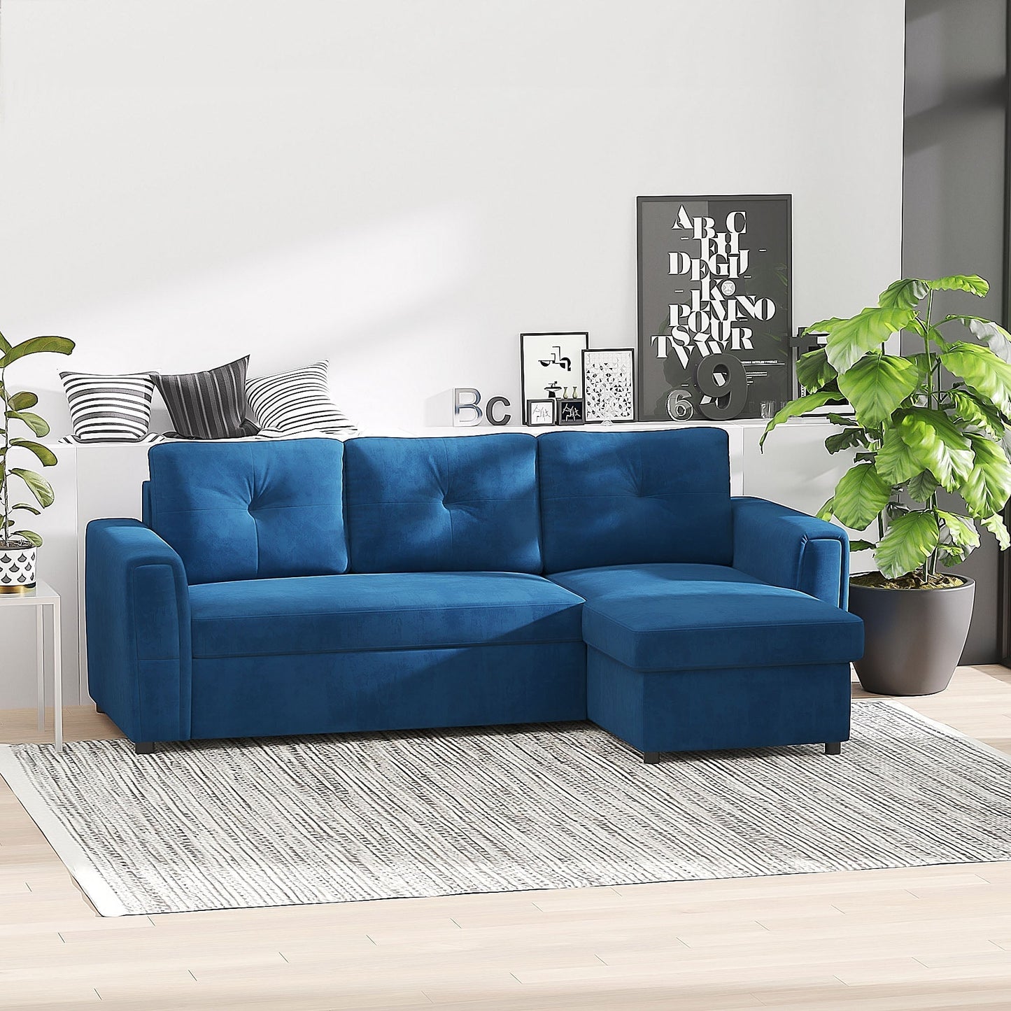 ALEA | 3 Seater Velvet Effect Corner Sofa Bed and Chaise with Storage, 232x141x85cm, Blue