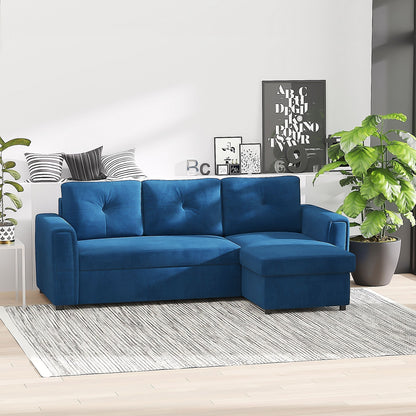 ALEA | 3 Seater Velvet Effect Corner Sofa Bed and Chaise with Storage, 232x141x85cm, Blue