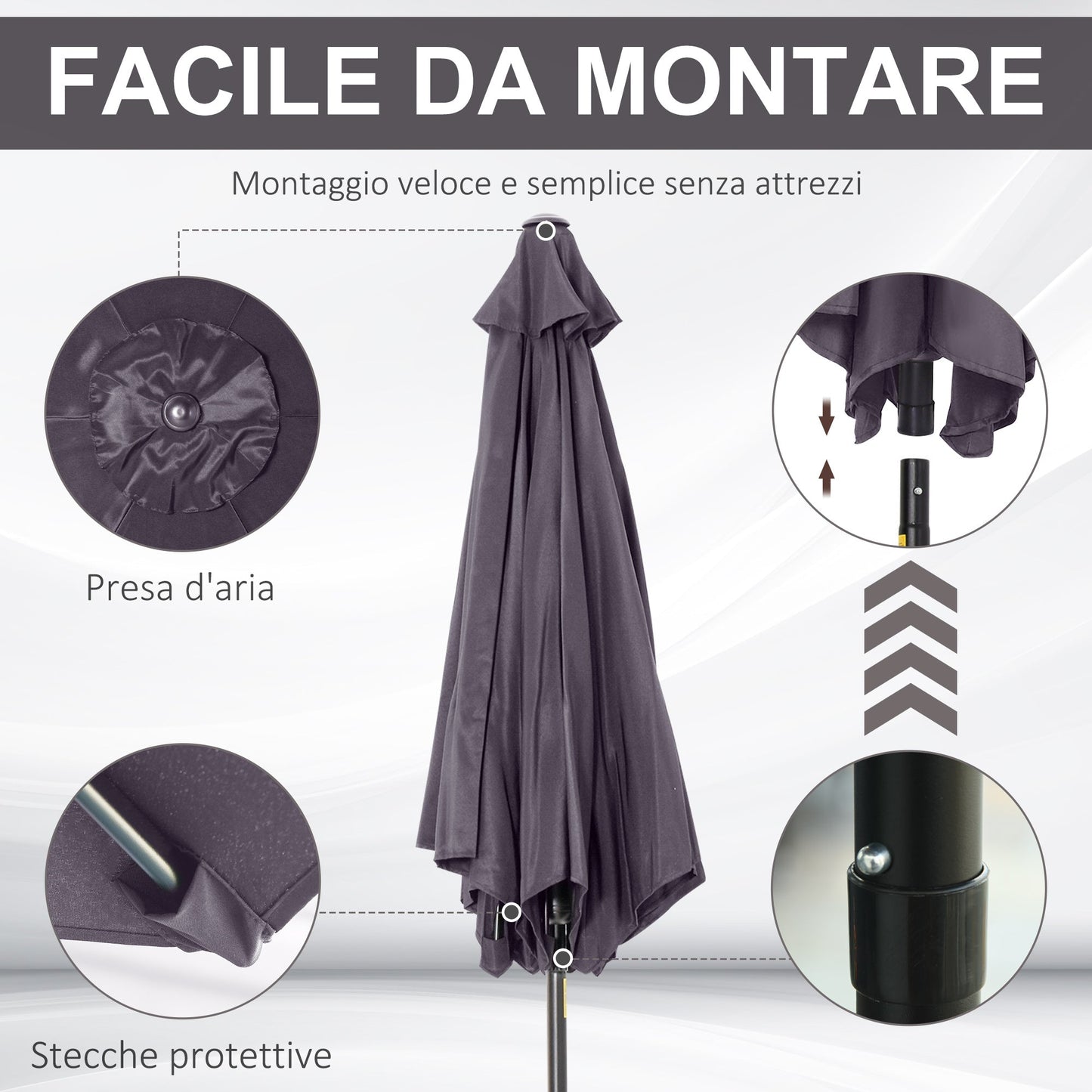 Garden Umbrella 2.6x2.4 m Tilting with Crank, in Aluminum and Polyester Gray and Black