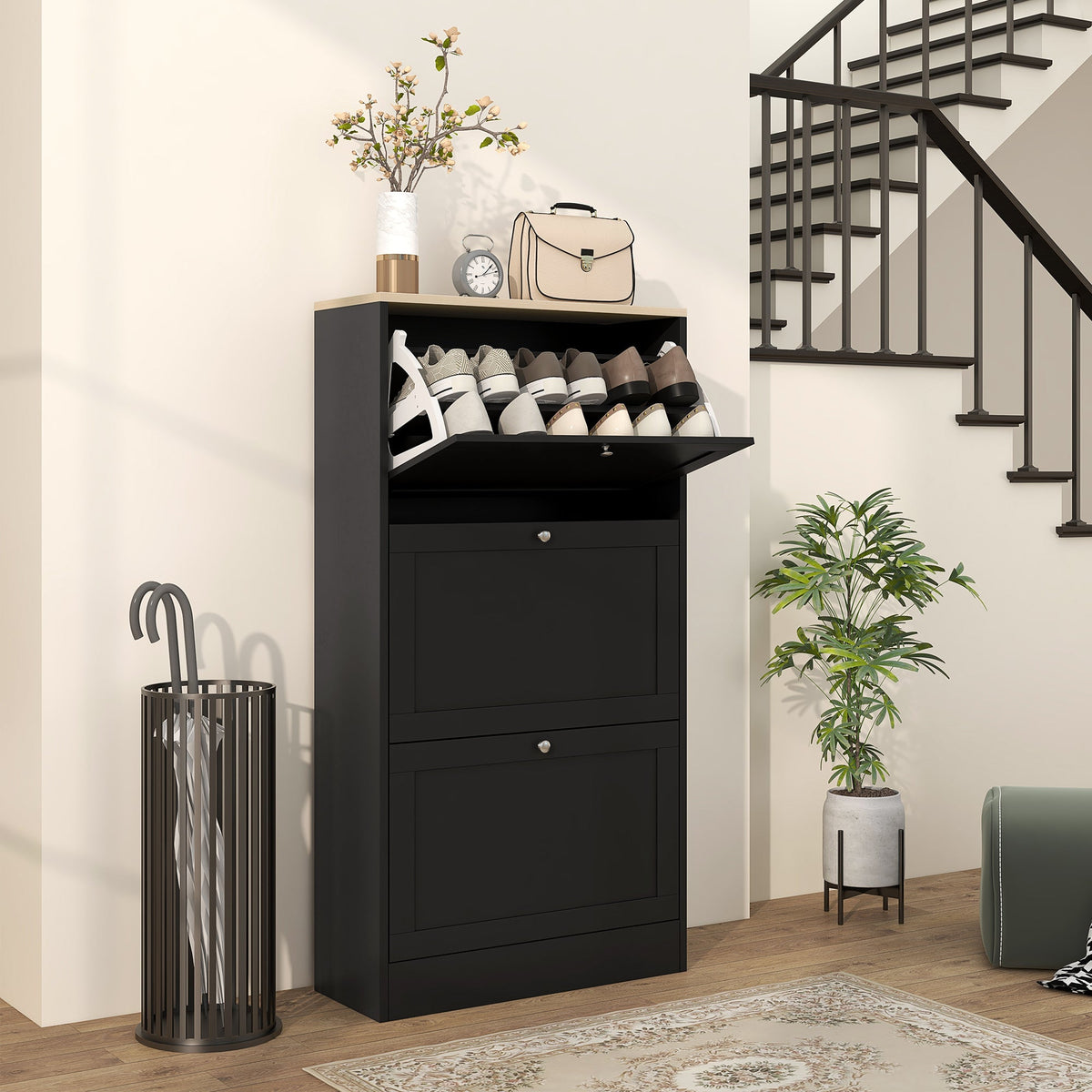 Space-saving 3-drawer shoe rack with adjustable shelves on 2 levels, in wood, 60x23.5x115 cm, Black