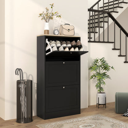 Space-saving 3-drawer shoe rack with adjustable shelves on 2 levels, in wood, 60x23.5x115 cm, Black