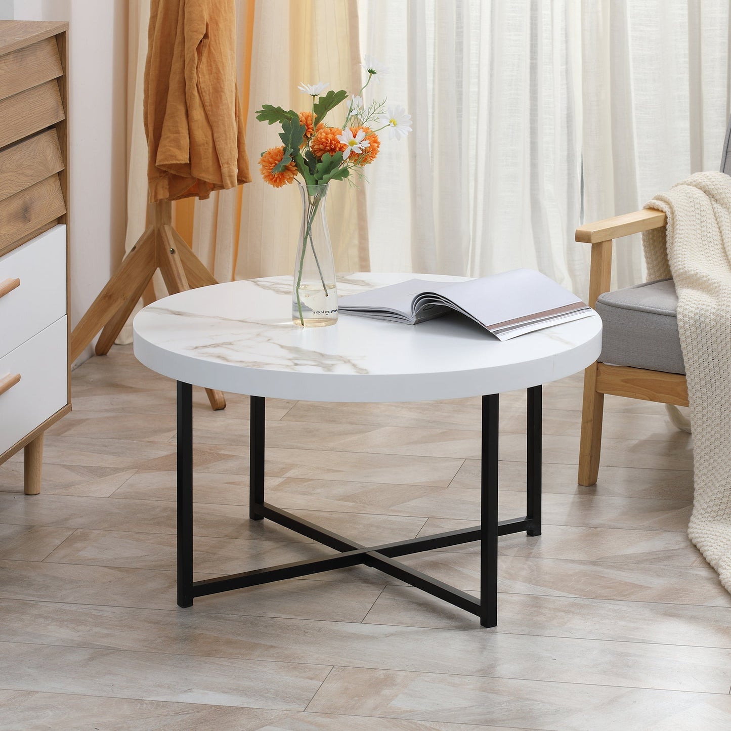 Round Coffee Table with Marble Effect MDF Top and Metal Legs, Φ80x45 cm, White