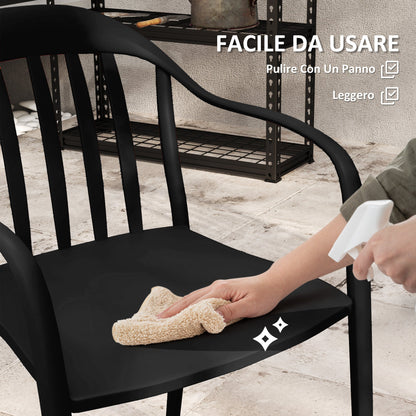 Set of 4 Stackable Garden Chairs in PP with High Backrest and Armrests, 57x54x78 cm, Black