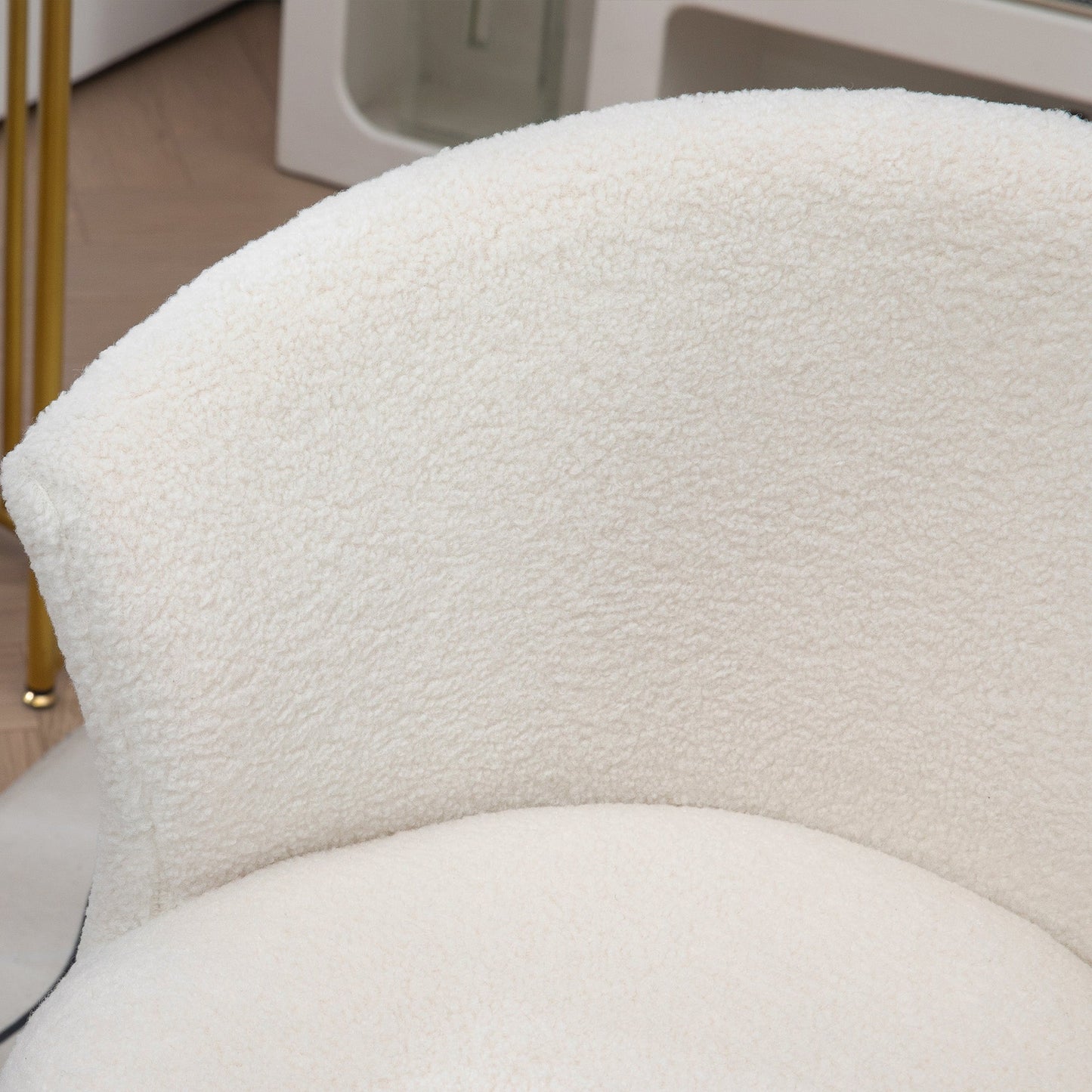 Height-Adjustable Office Chair with Swivel Seat and Teddy Velvet Upholstery, White and Gold