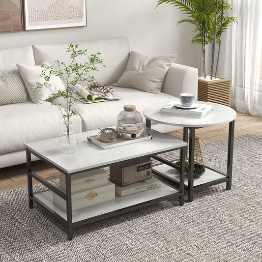 2-Tier Coffee Tables Set in Chipboard and Steel with Marble Effect Top, Black and White