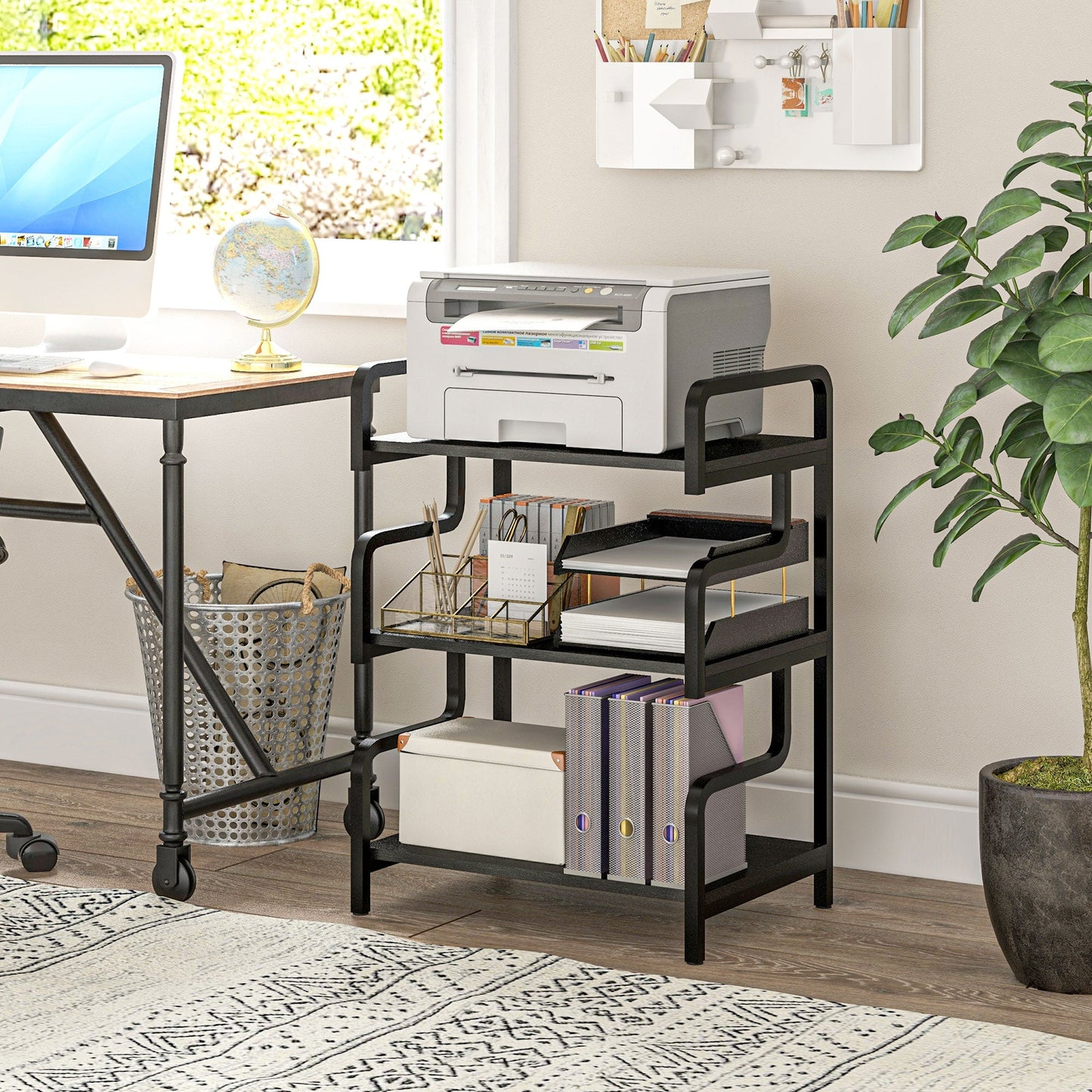 HOMCOM 3-Tier Industrial Printer Stand, Metal and Chipboard, 55x40x77 cm, Black