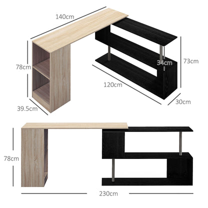 Space-Saving Corner Desk with S-Shaped Shelf, Wooden, 140x120x78 cm, Wood Color