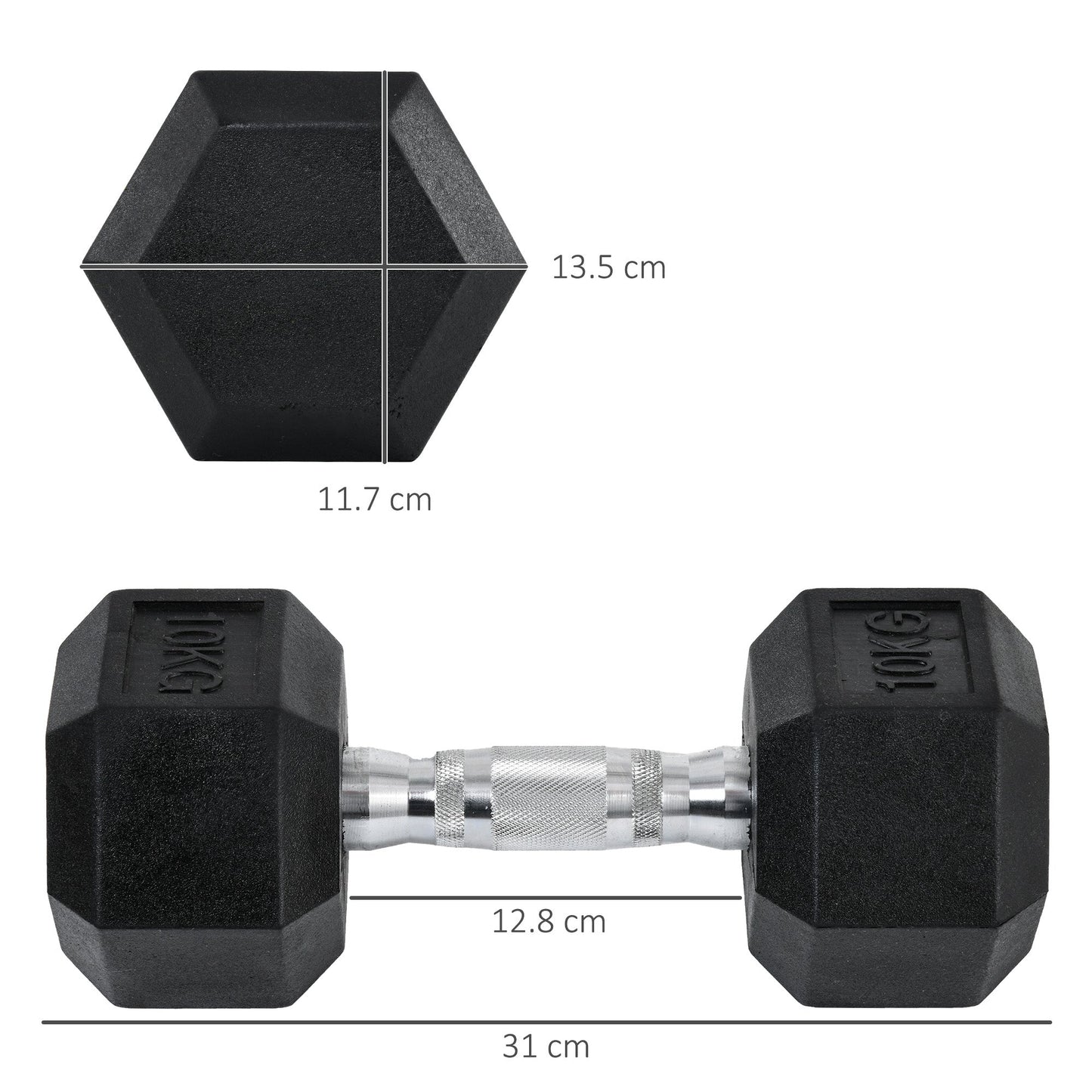 Set of 2 10kg Hex Dumbbells in Metal and Rubber for Workout in the Gym, Home and Office, Black