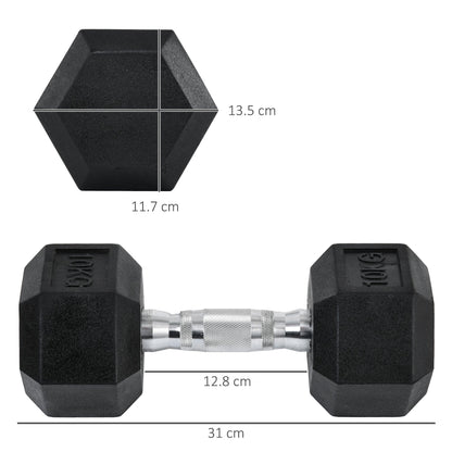 Set of 2 10kg Hex Dumbbells in Metal and Rubber for Workout in the Gym, Home and Office, Black