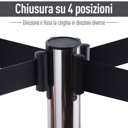 Silver Retractable Bollards | with black ribbon of 2m in Stainless Steel and Nylon | ф32x90cm