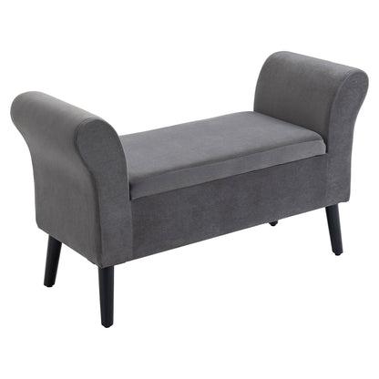 Velvet Fabric Upholstered Storage Bench for Bedroom with Armrests, 111.5x41x65cm - Grey