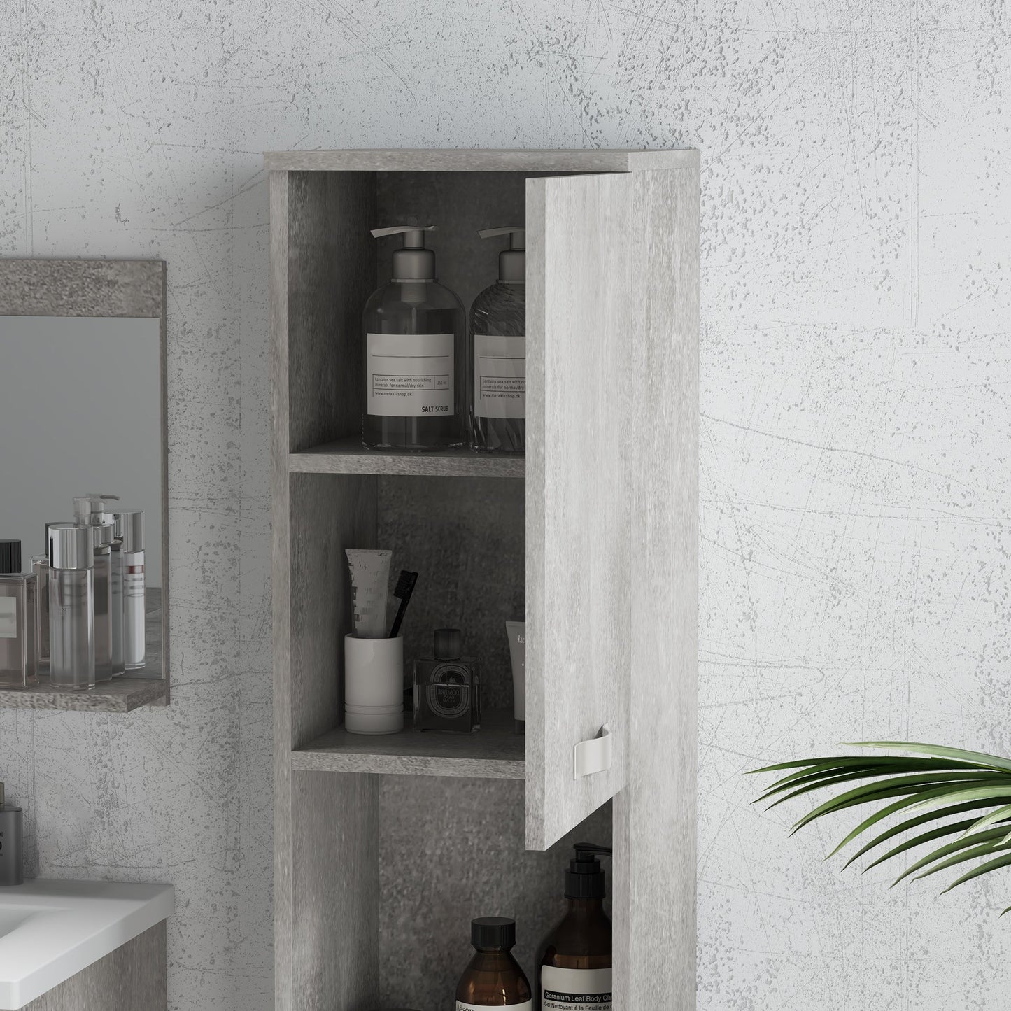 Grey 4 Piece Bathroom Furniture Set with 60cm Sink, Cabinet, Bathroom Column and Wooden Mirror, Grey