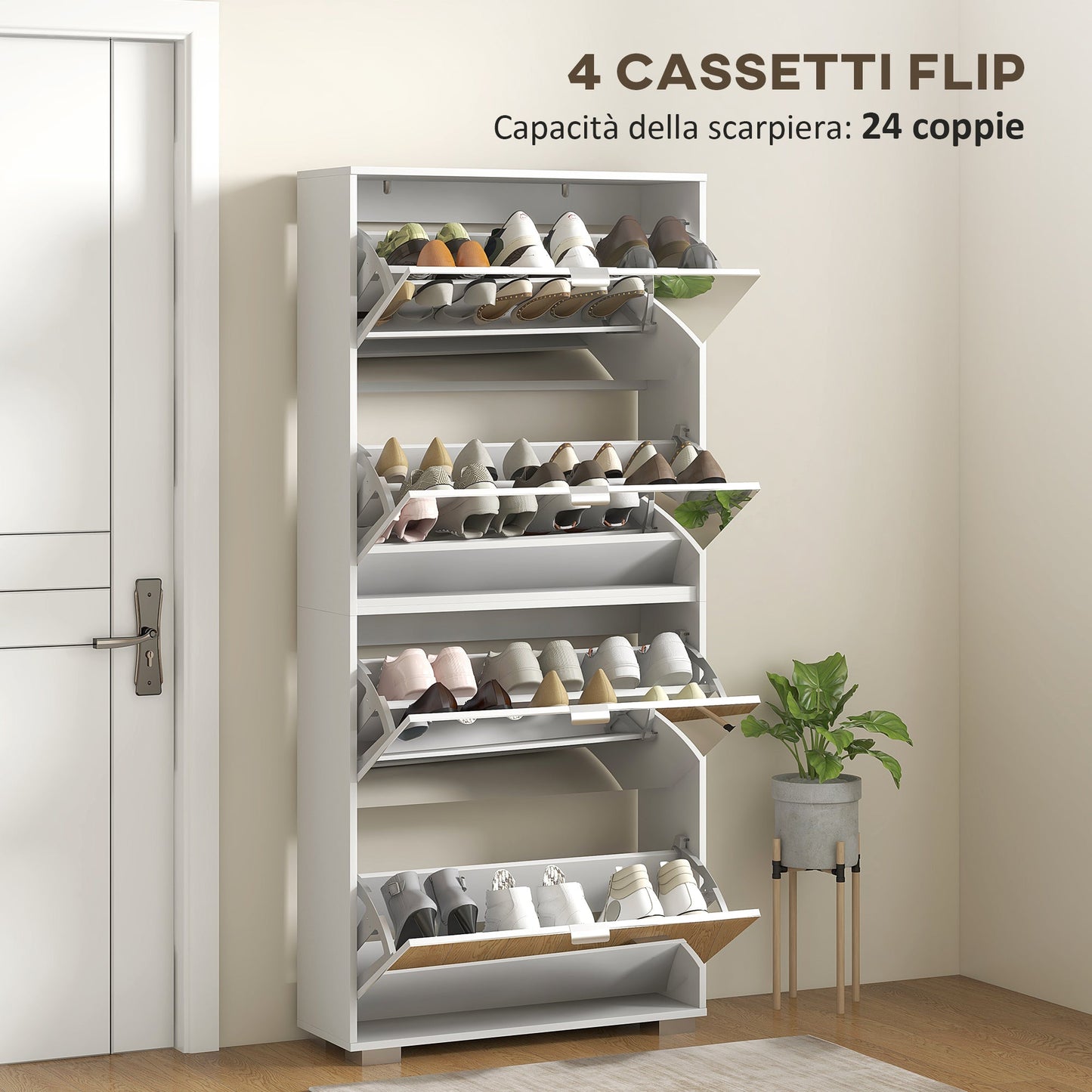 Space-Saving Slim Shoe Rack with Mirror and 4 Drawers for 24 Pairs of Shoes, 76x26x178cm, White