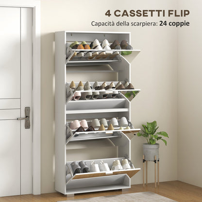 Space-Saving Slim Shoe Rack with Mirror and 4 Drawers for 24 Pairs of Shoes, 76x26x178cm, White